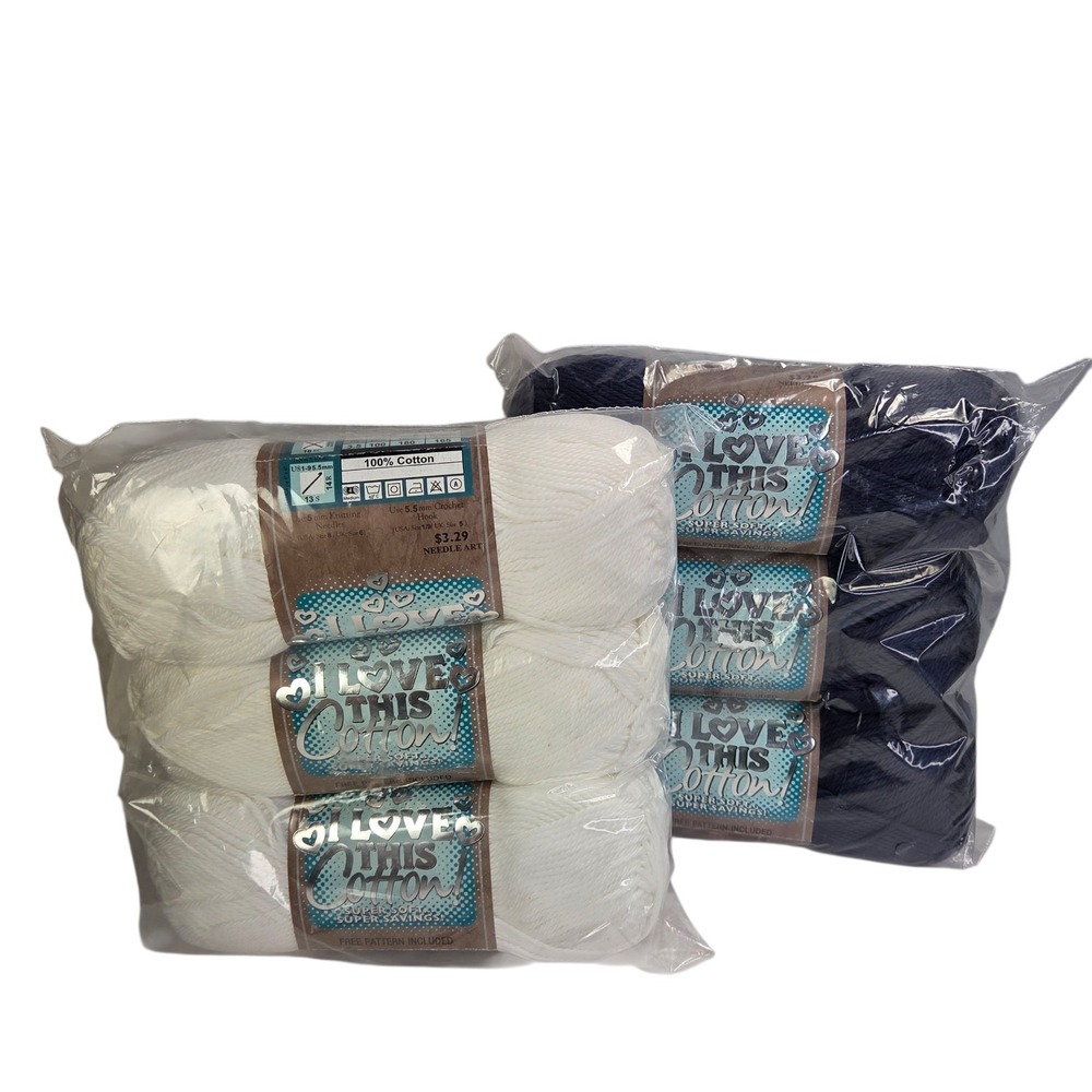 I Love This Cotton Yarn Lot of 6 Denim Blue and White 3 Skeins Each Crochet New